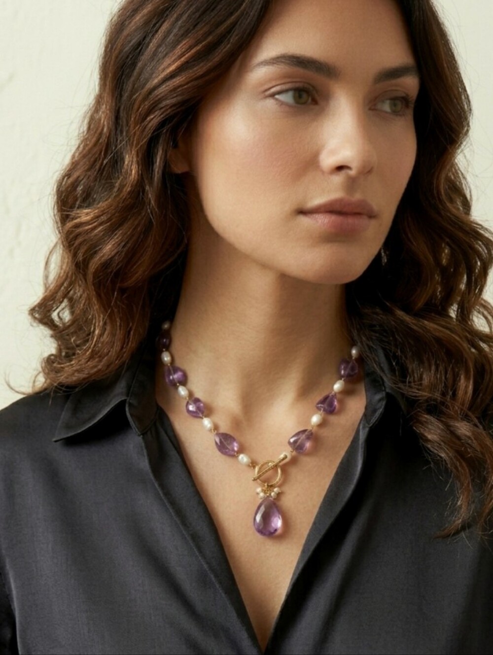 14K Gold Amethyst Pearl Drop Necklace